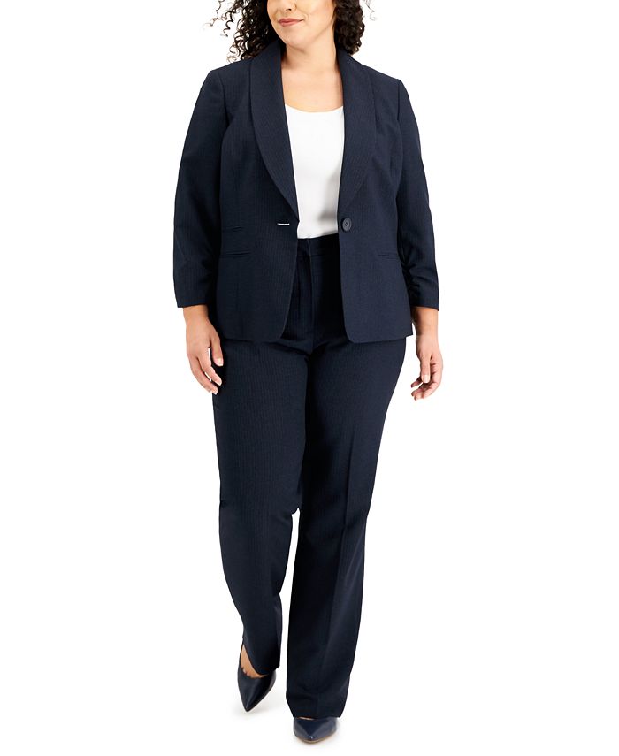 Le Suit Women's Pinstriped Ruched Sleeve Pantsuit Black Size Petite Small