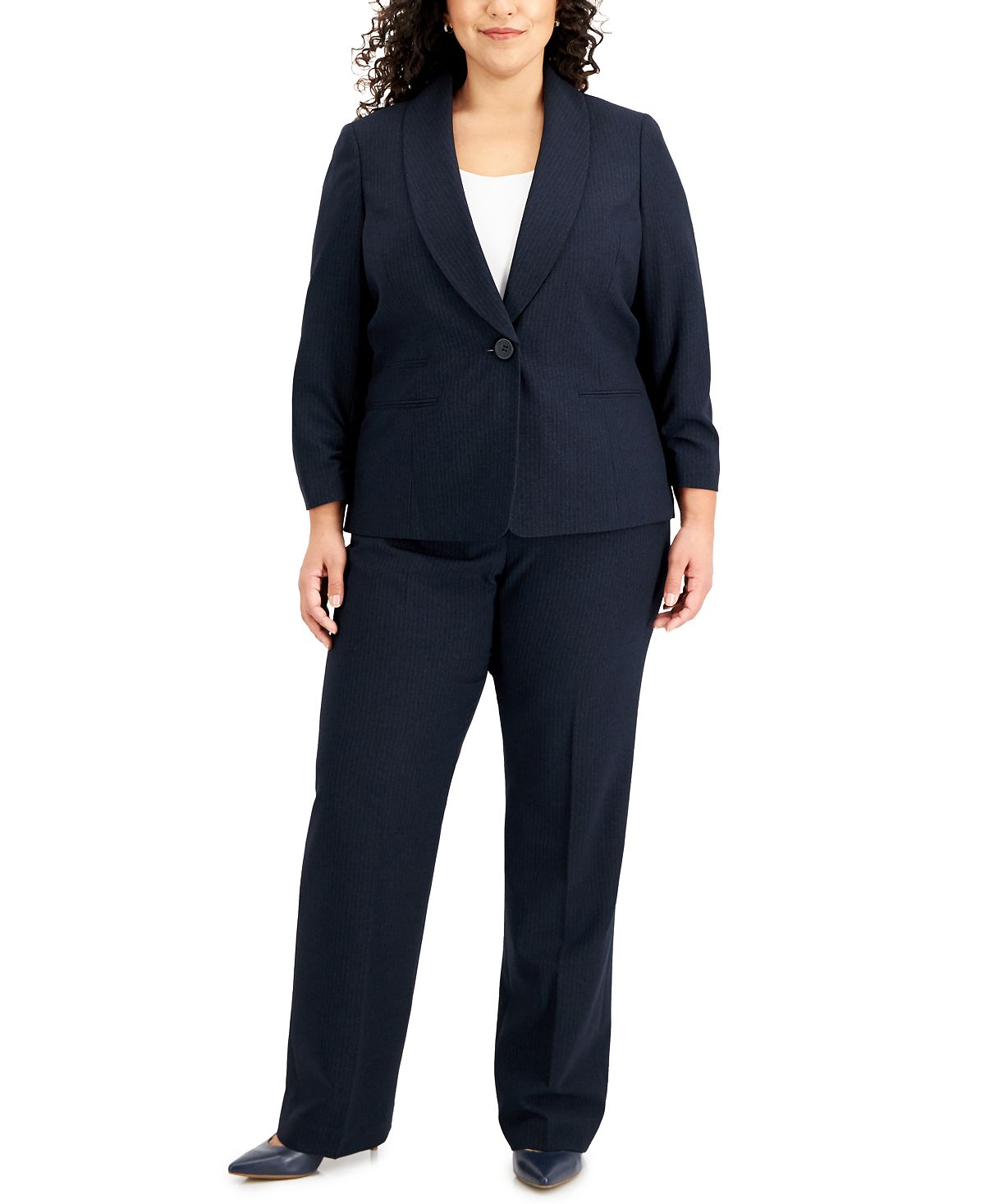 Le Suit Women's Pinstriped Ruched Sleeve Pantsuit Black Size Petite Small