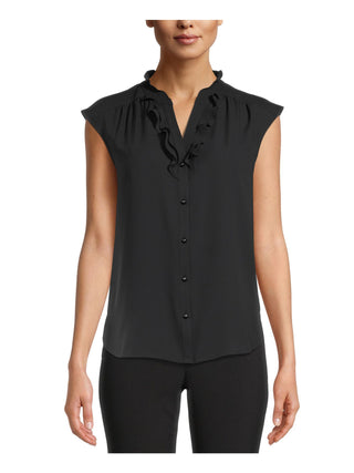 Anne Klein Women's Ruffled Sleeveless Split Blouse Top Black Size X-Large