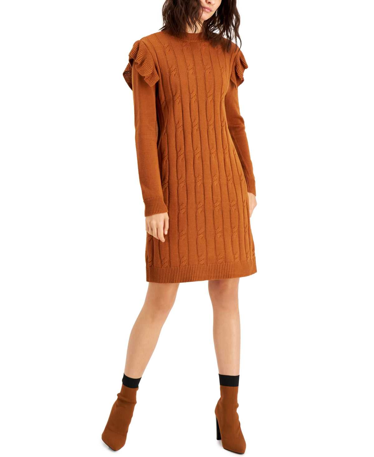 Bar III Women's Ruffled Cable Knit Front Long Sleeve Crew Neck Above The Knee Sweater Dress Brown Size X-Large