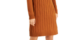 Bar III Women's Ruffled Cable Knit Front Long Sleeve Crew Neck Above The Knee Sweater Dress Brown Size X-Large