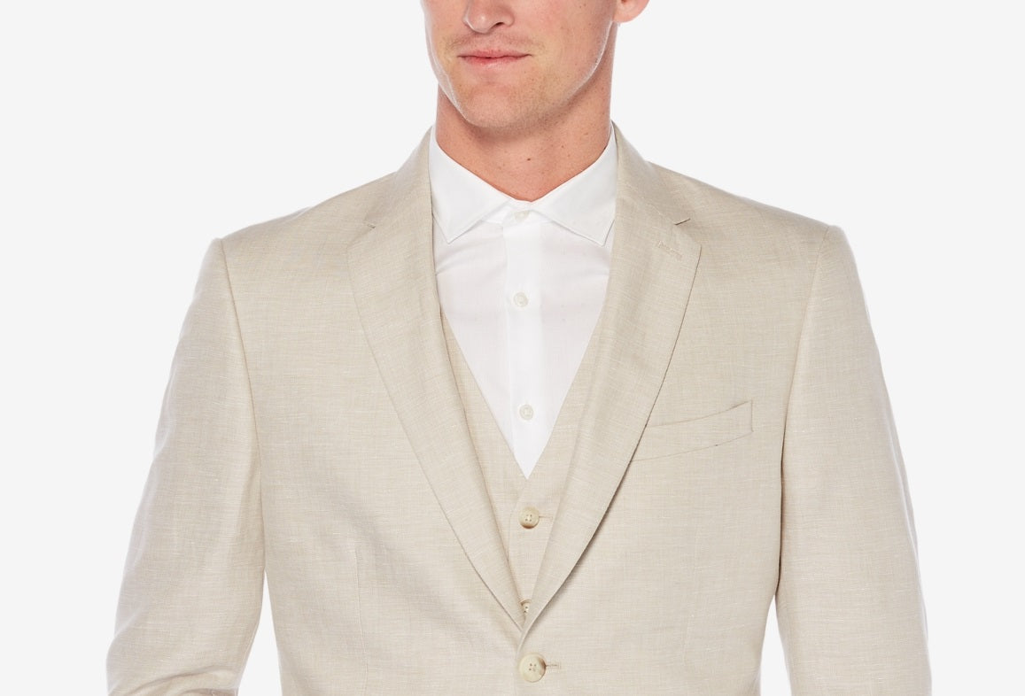 Perry Ellis Portfolio Men's Herringbone Linen Blazer Brown Size 40