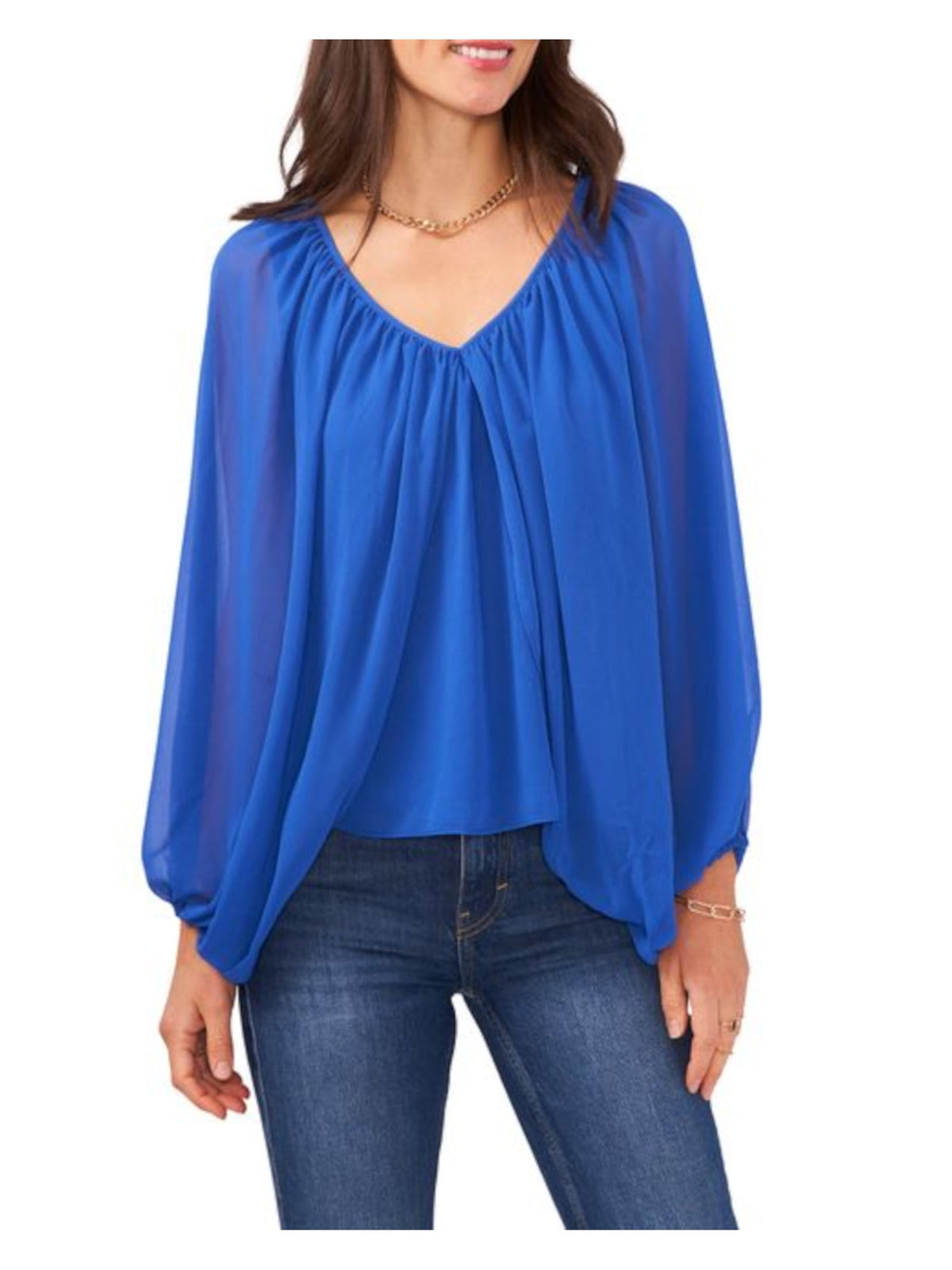Vince Camuto Women's Sheer Cape Like Long Sleeves V Neck Top Blue Size Small