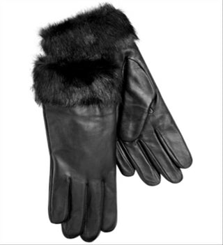 Charter Club Women's Leather with Faux Fur Cuff Gloves Black Size Regular