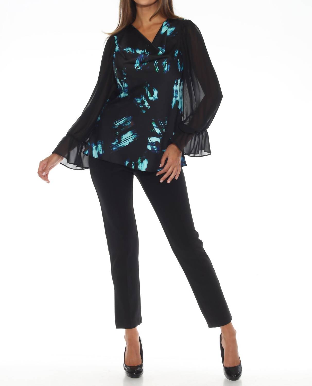 Joseph Ribkoff - Abstract Cowl Neck Chiffon Sleeve Top