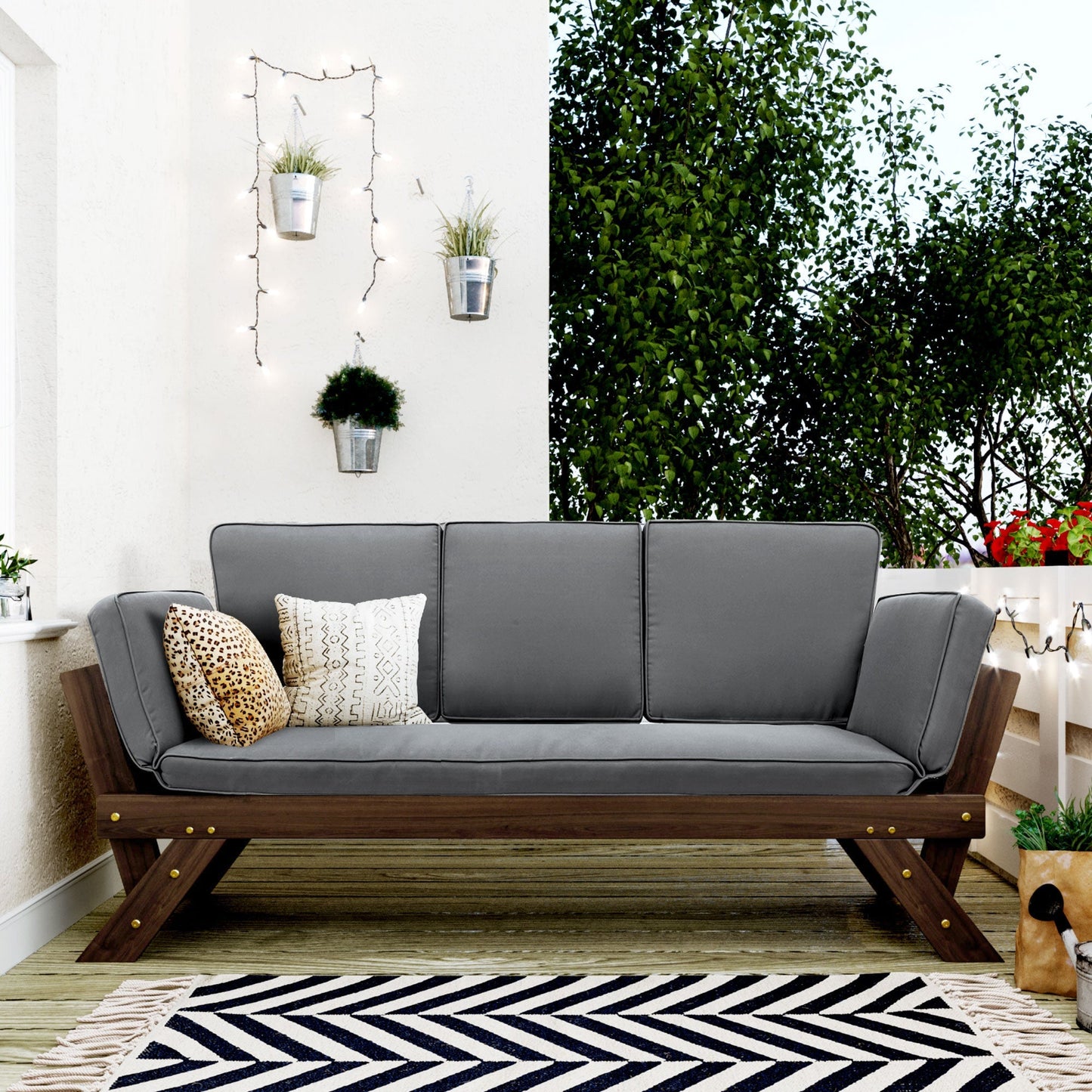 TOPMAX Outdoor Adjustable Patio Wooden Daybed Sofa Chaise Lounge with Cushions