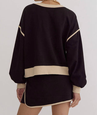 Entro - Solid Contrast Trim Long Sleeve Top