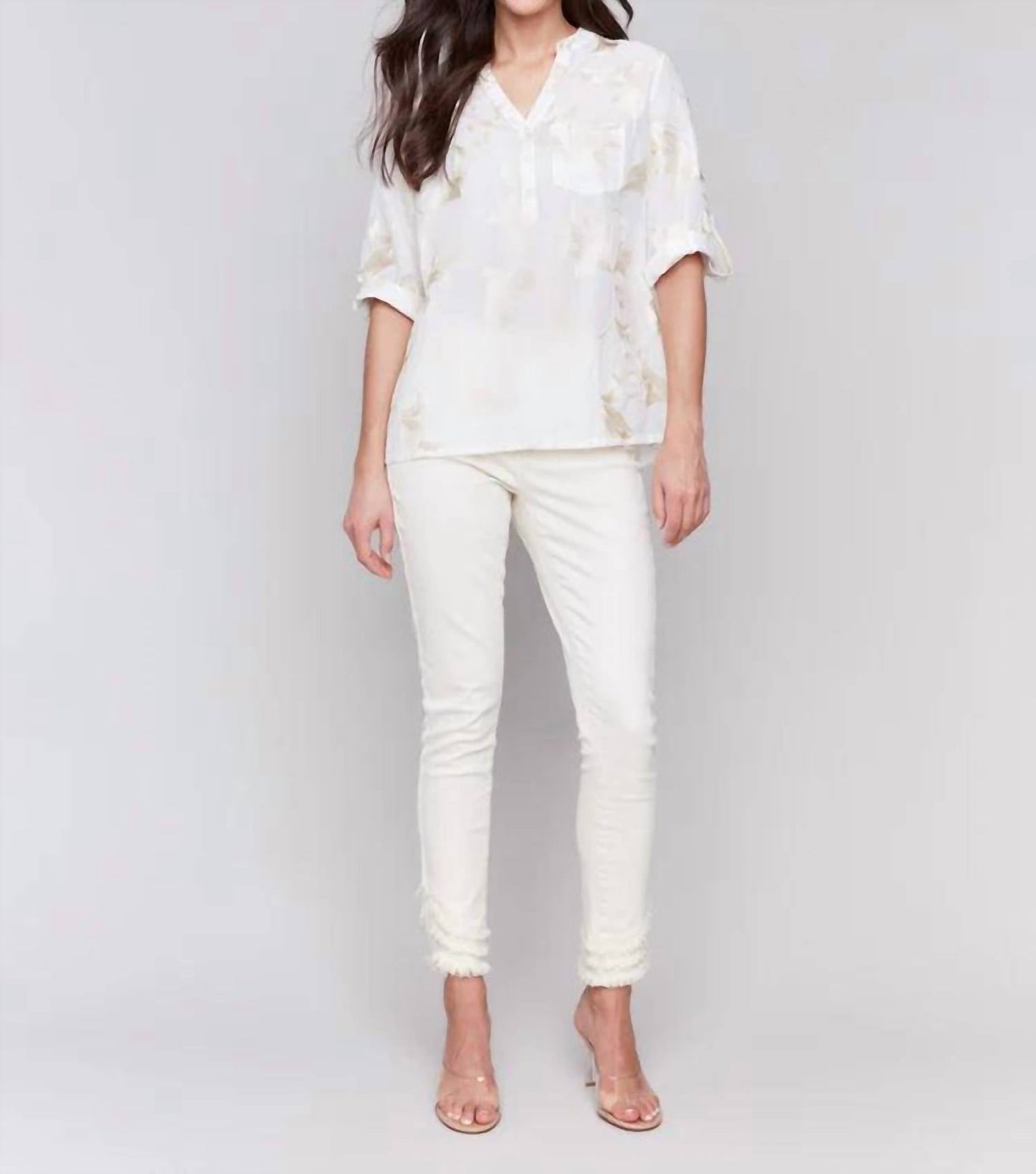 Charlie B - Embroidered Cotton Half-button Blouse