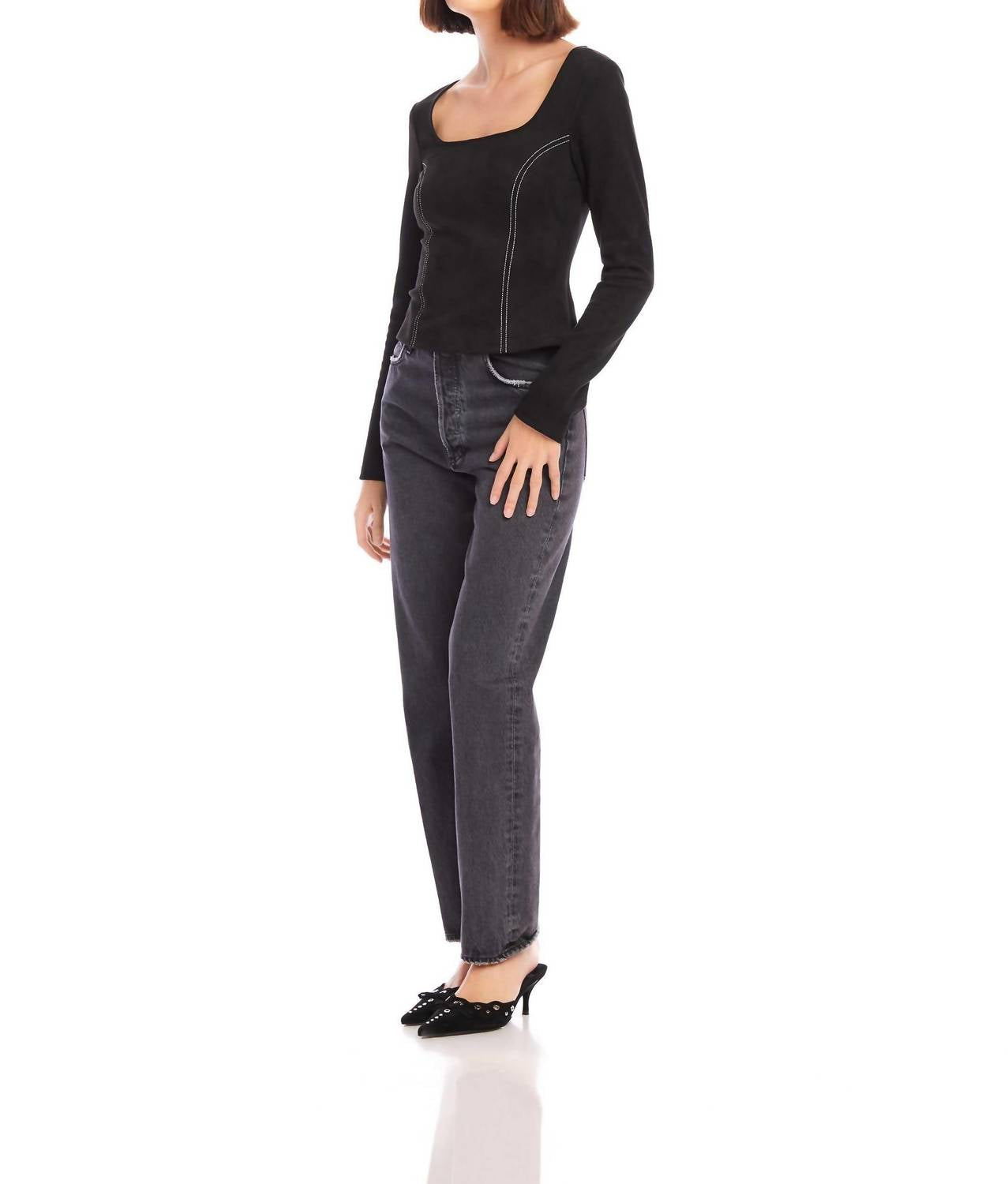 Fifteen Twenty - Faux Suede Stitch Long Sleeve Top