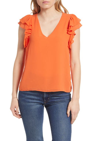 1.STATE Ruffle Short Sleeve V-Neck Top - Tiger Orange