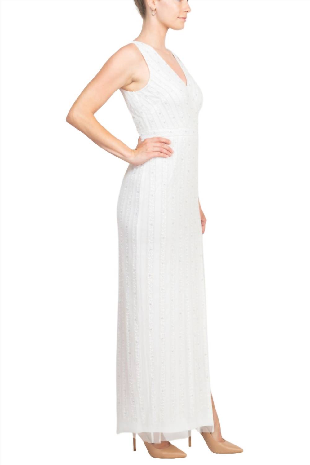 Adrianna Papell - V-neck Sequined Mesh Dress