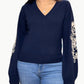 Autumn Cashmere - Puff Sleeve V Sweater With Contrast Embroidery