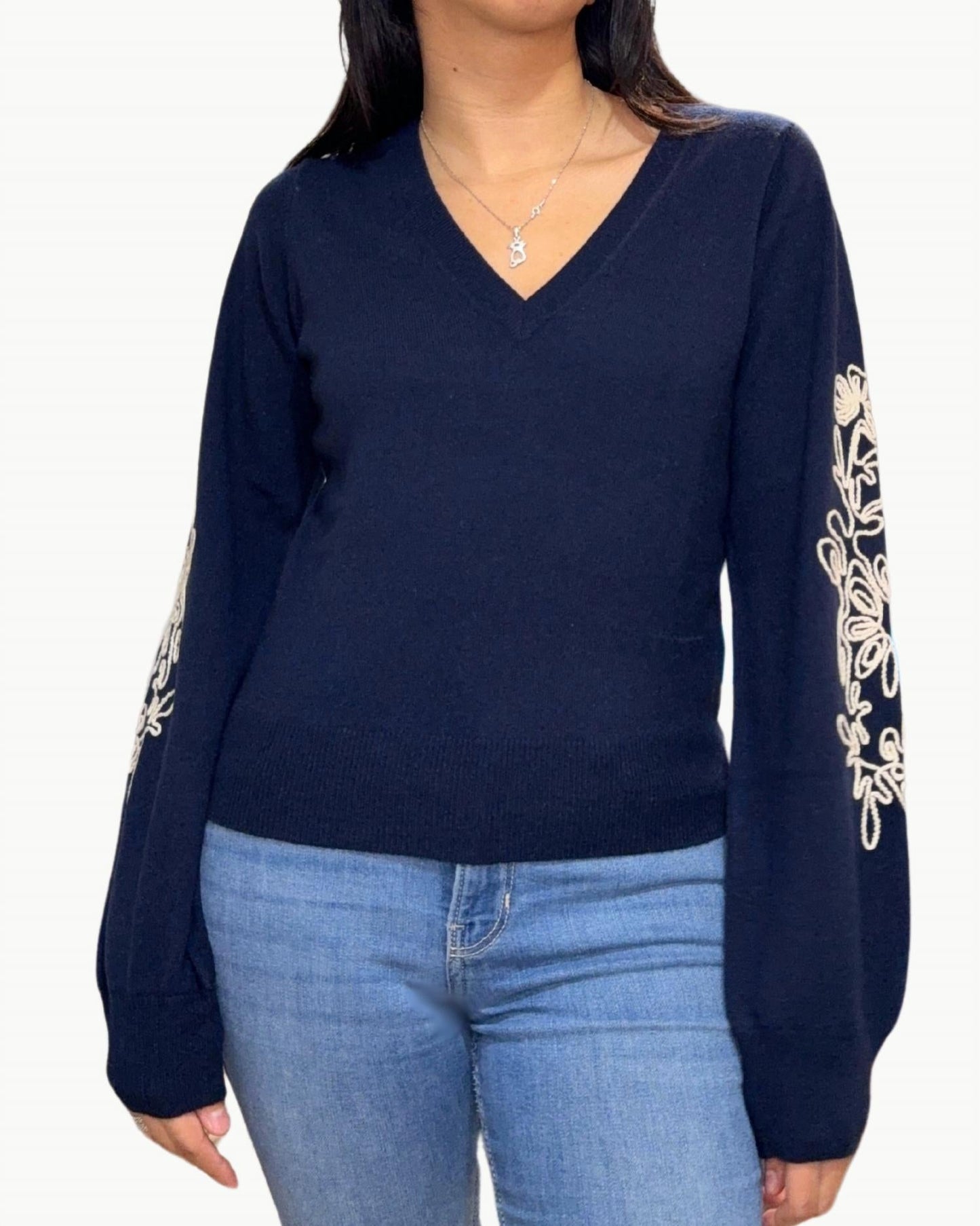 Autumn Cashmere - Puff Sleeve V Sweater With Contrast Embroidery