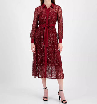 Anne Klein - Button-front Tie-waist Cabernet Dress