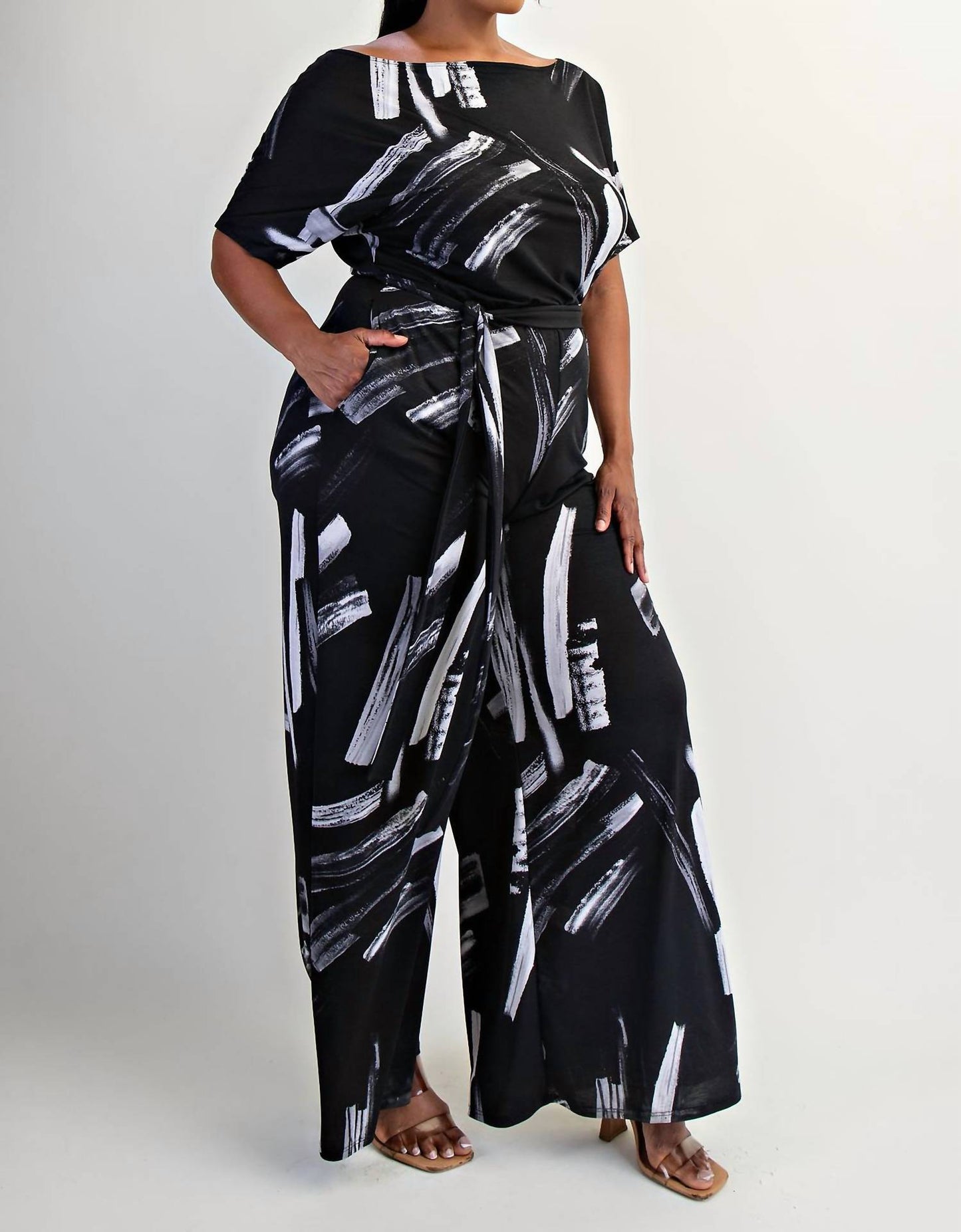 The Curve La - Plus Size Knit Off The Shoulder Wide Leg Jumpsuit