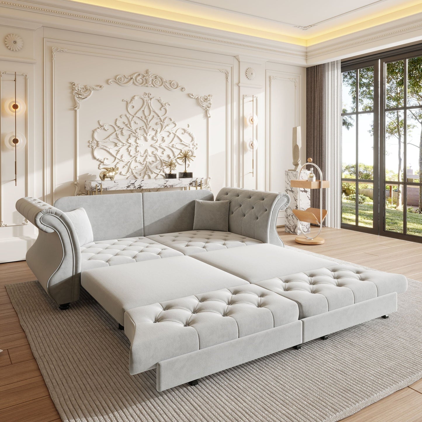 Oversized Chesterfield Pull Out Sofa Bed with Flower Tufting