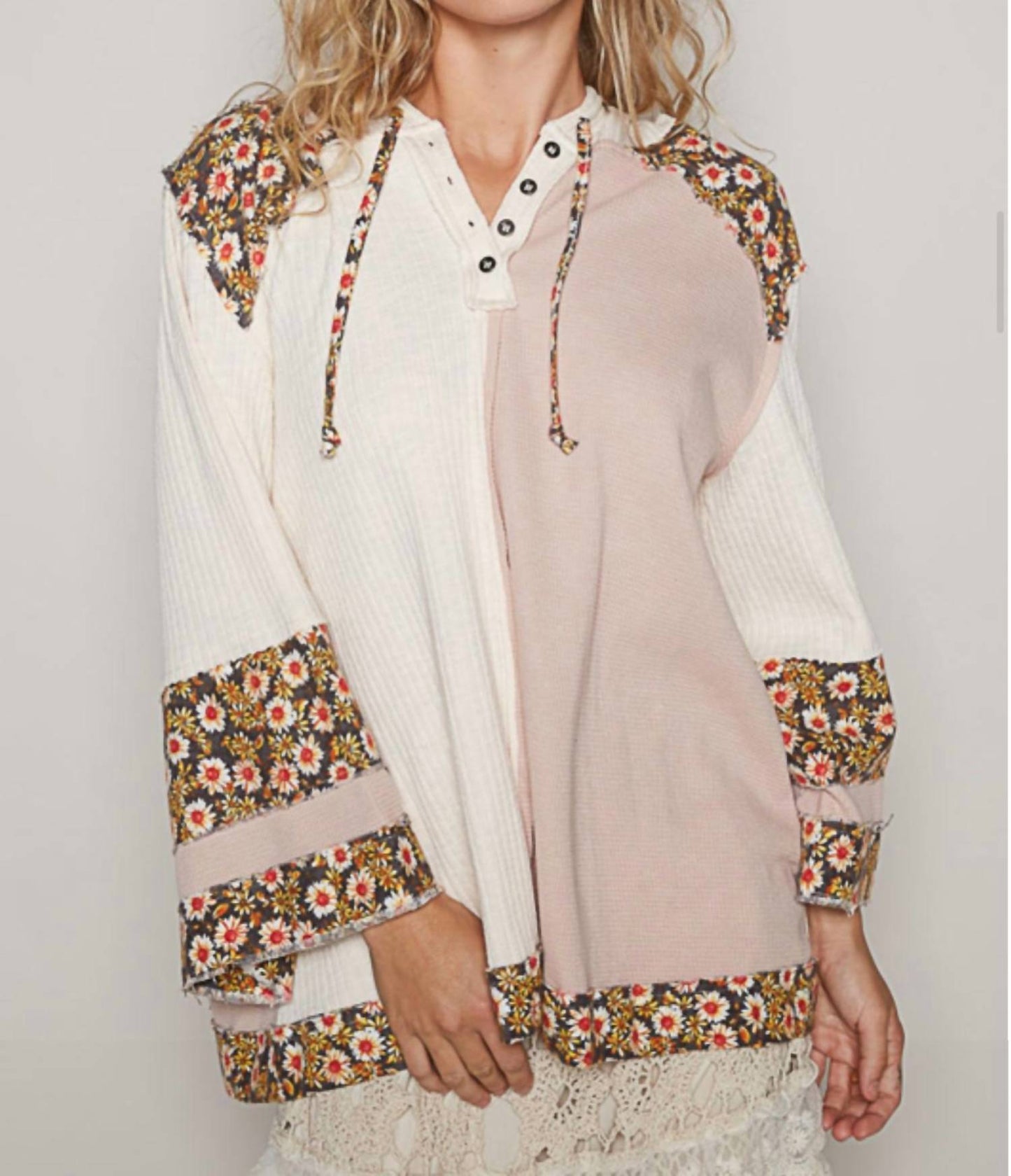 Pol - Oversize Long Sleeve Floral Patch Two Tone Hoodie Top