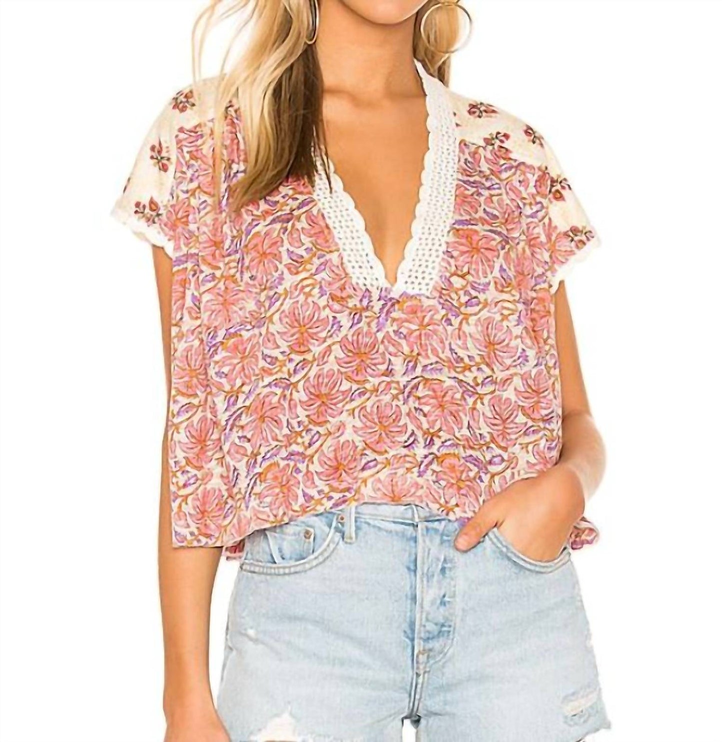 Free People - Leilani Floral Print Peasant Crochet Boho Blouse