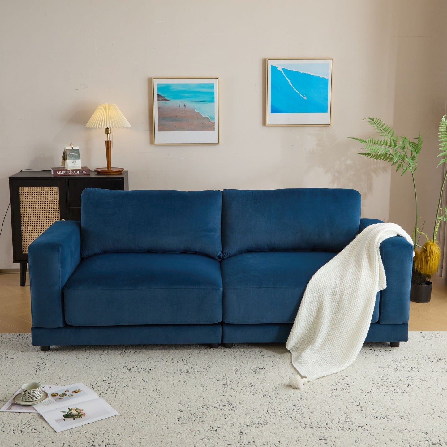 Modern Square Arm Sofa with Soft Fabric Upholstery and Deep Cushions