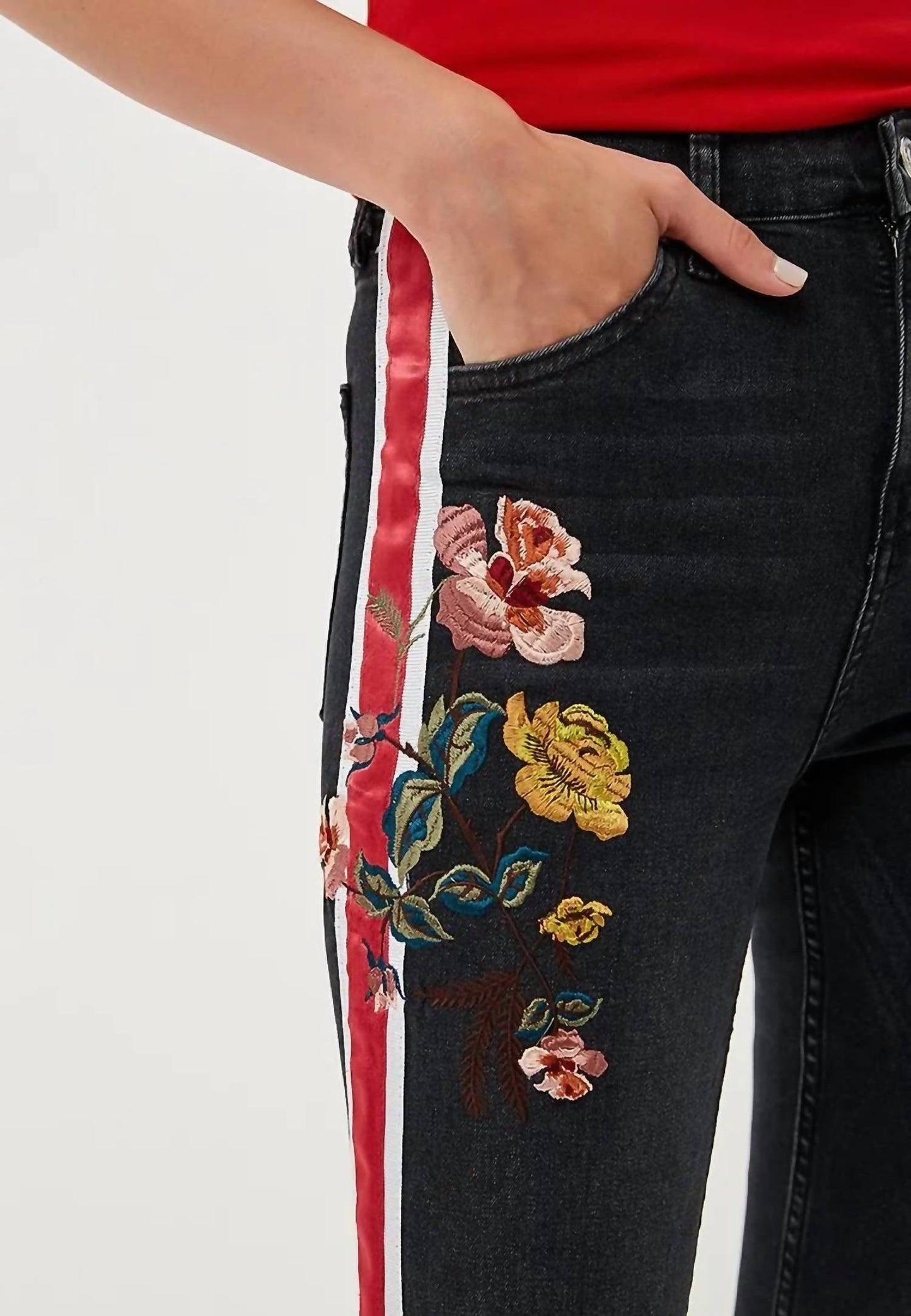 Topshop - Moto Stripe Floral Embroidery High Rise Skinny Jeans