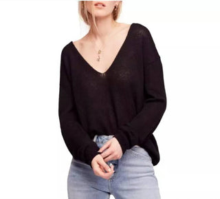Free People - Free People Pullover Gossamer V-Neck Sweater Black Light Knit