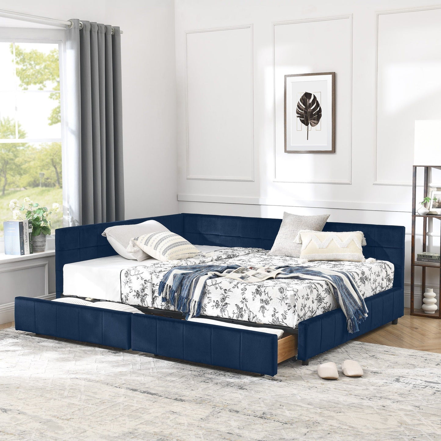 Mid-Century Storage Upholstered Tufted Bed Frame with Backrest and Armrests