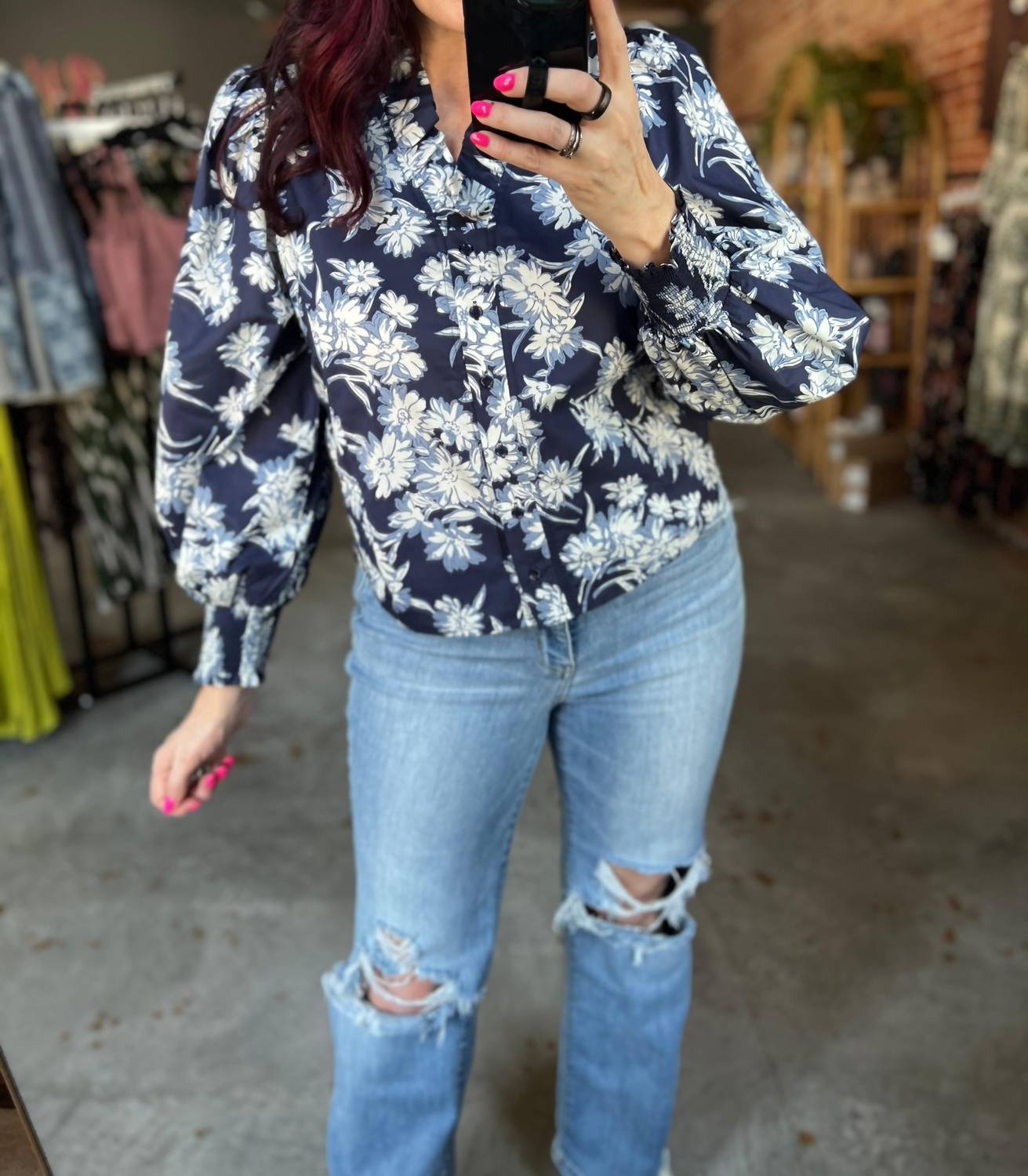 Entro - Ruffle Neck Floral Top