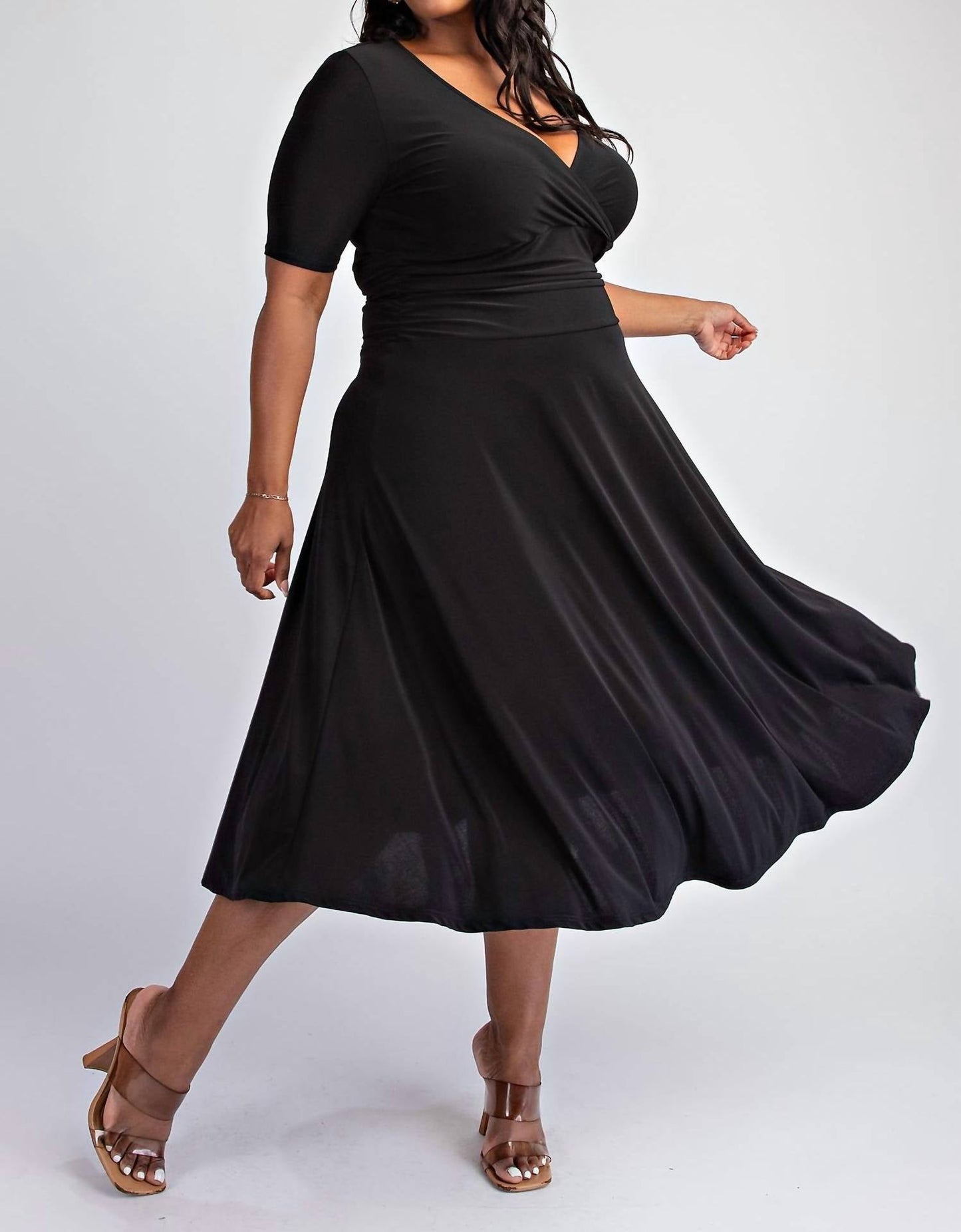 The Curve La - Plus Size Knit Surplice Midi Dress With Full Skirt