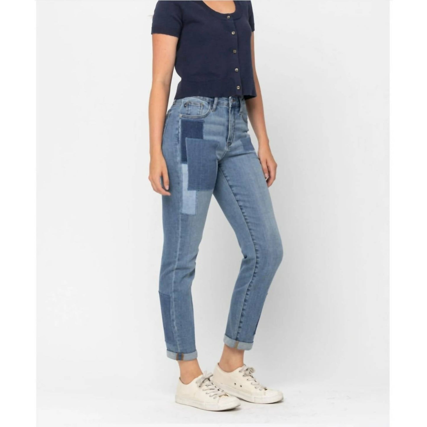 Judy Blue - High Waist Double Rolled Cuff Patch Boyfriend Jeans