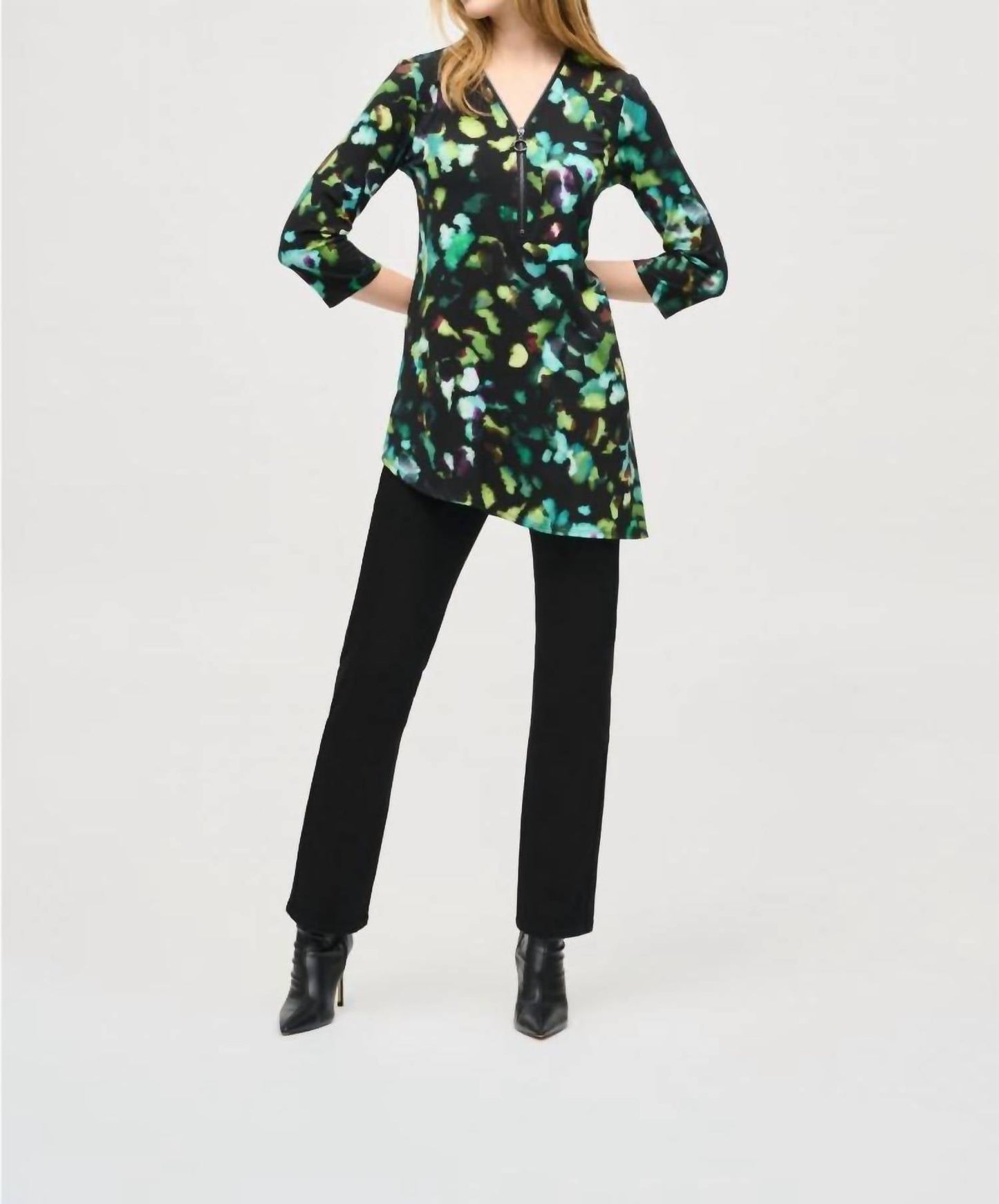 Joseph Ribkoff - Watercolor Abstract Print 3/4 Sleeve Asymmetric Top