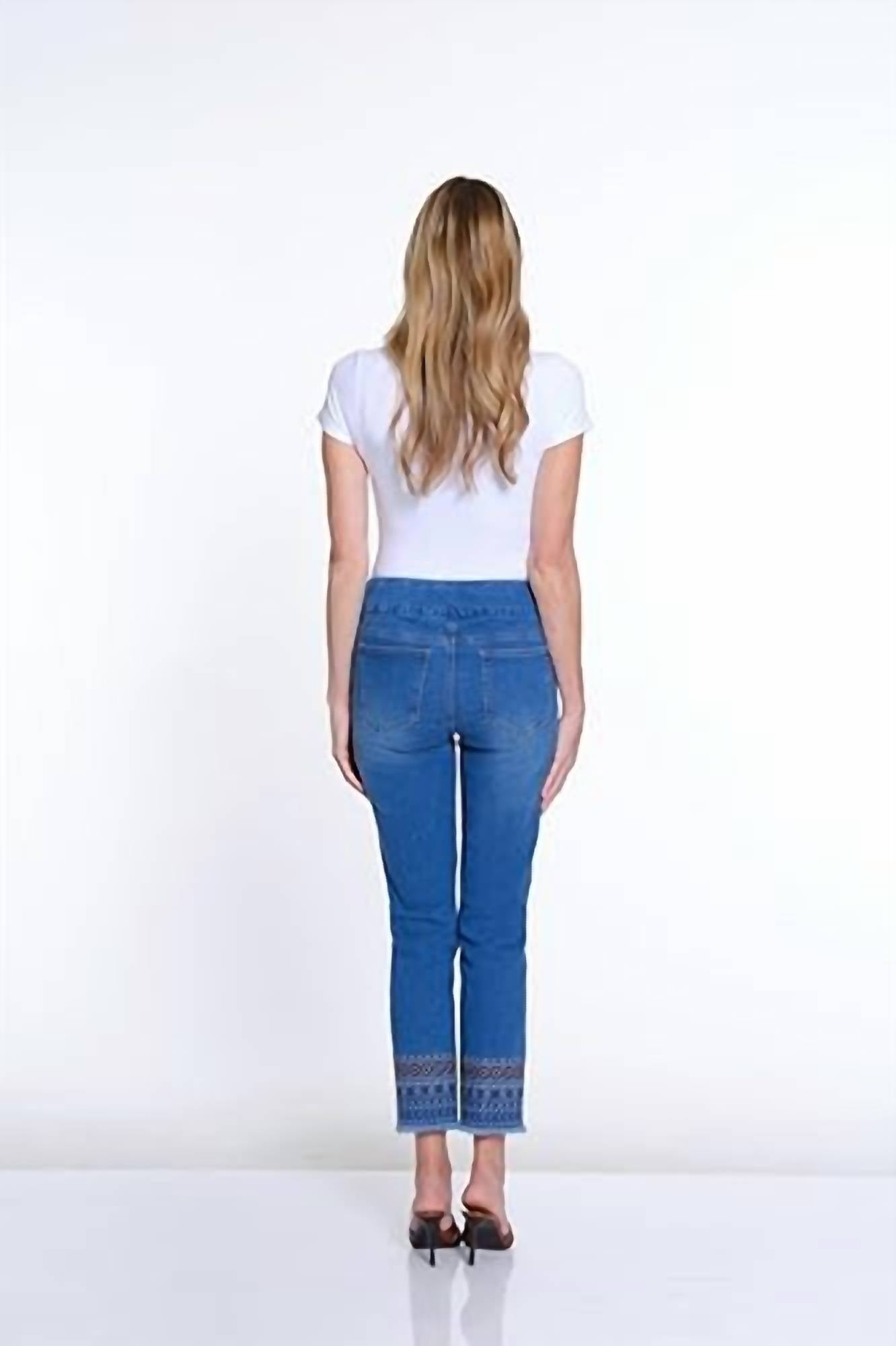 Slimsation By Multiples - Pull-on Solid Denim Ankle Jean With Embroidered Hem