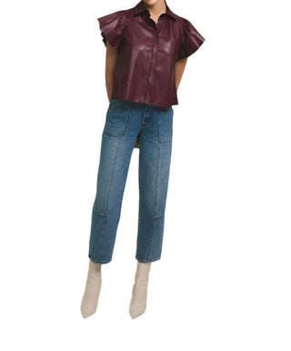 Elan - Flutter Sleeve Faux Leather Top