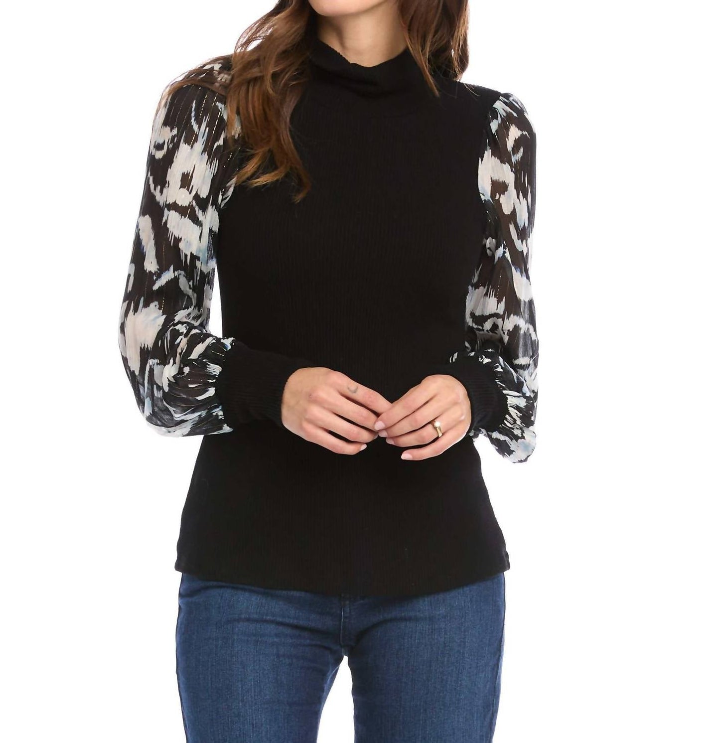 Fifteen Twenty - Sheer Sleeve Turtleneck Top