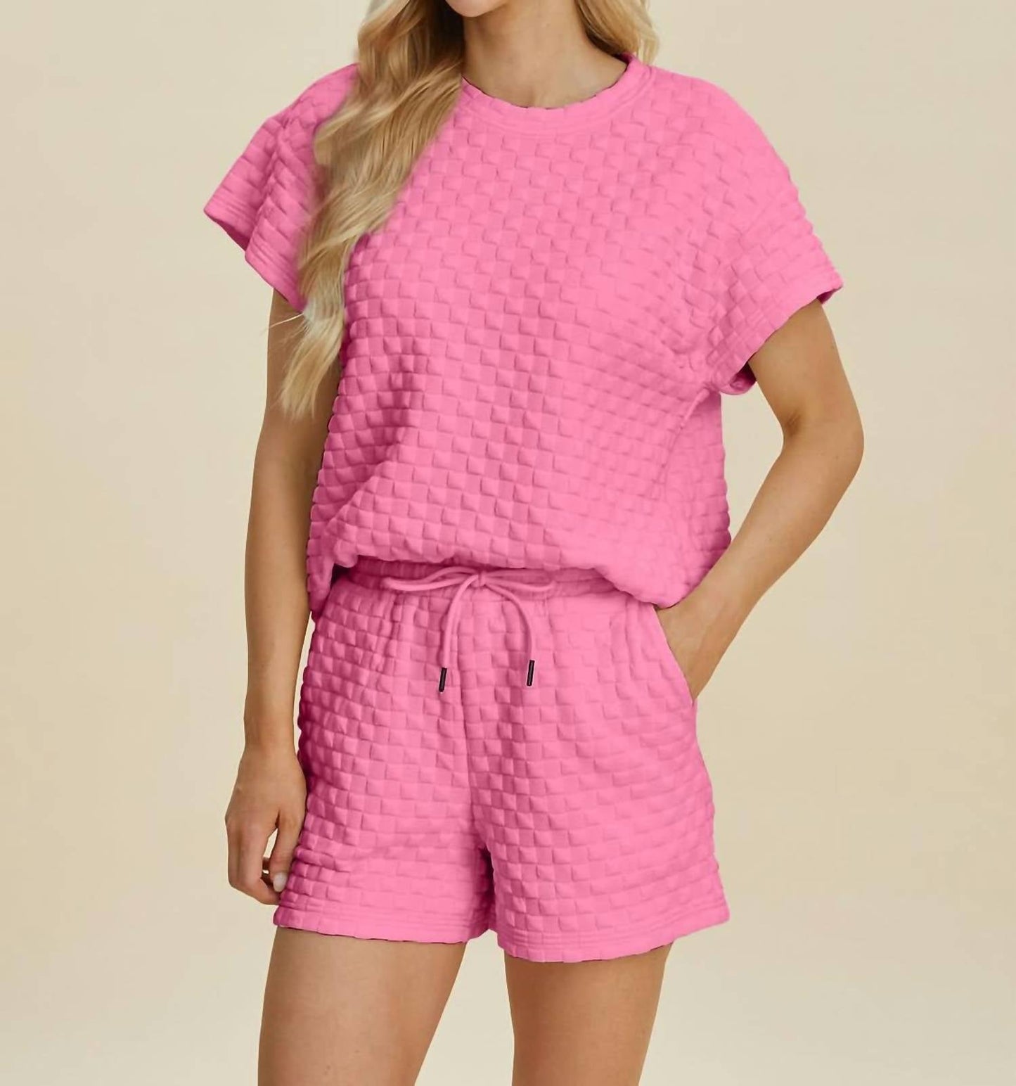 Double Take - Sleek Texture T-Shirt and Shorts Set