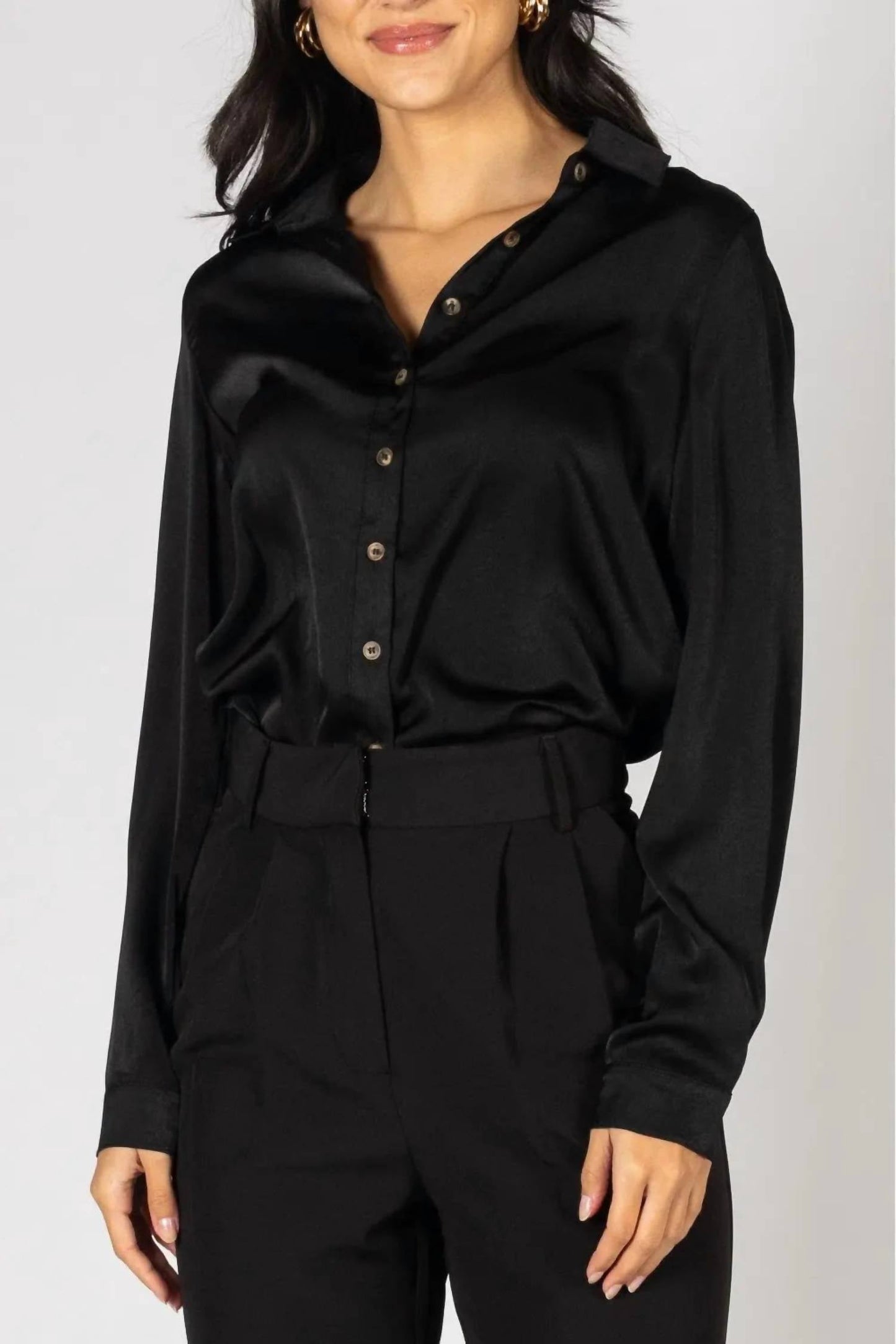 P.Cill - Satin Button Down Blouse With Side Slit