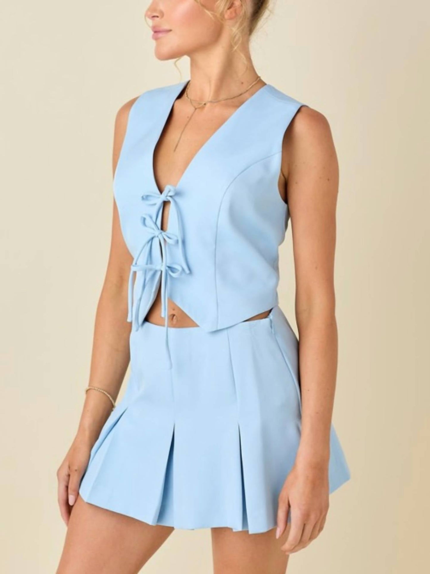 Baby Pink - Women's Front Tie Top And Skort Set