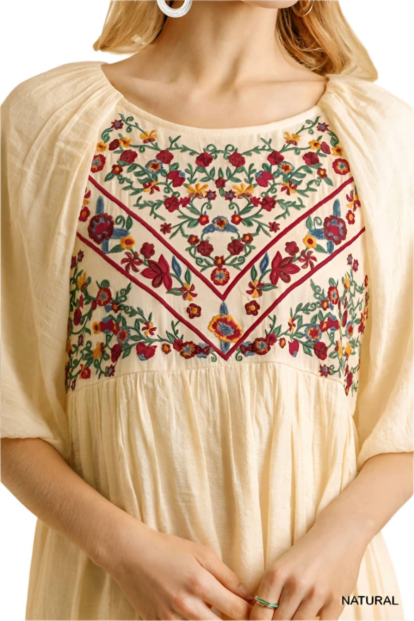 Umgee - Floral Embroidered Balloon Sleeve Dress
