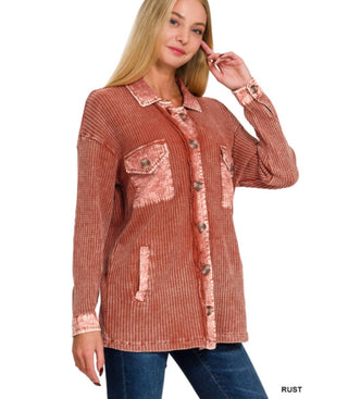 Zenana - Women's Tori Waffle Knit Acid Wash Shacket