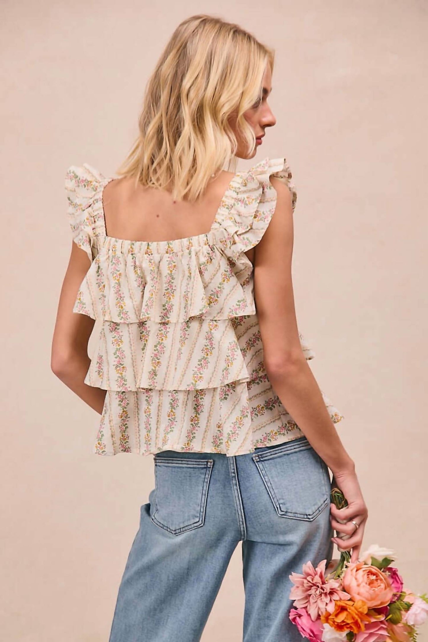 Bibi - Floral Print With Bow And Ruffle Square Neck Blouse
