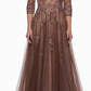 La Femme - Women's Sleeve Floral Appliqué Gown