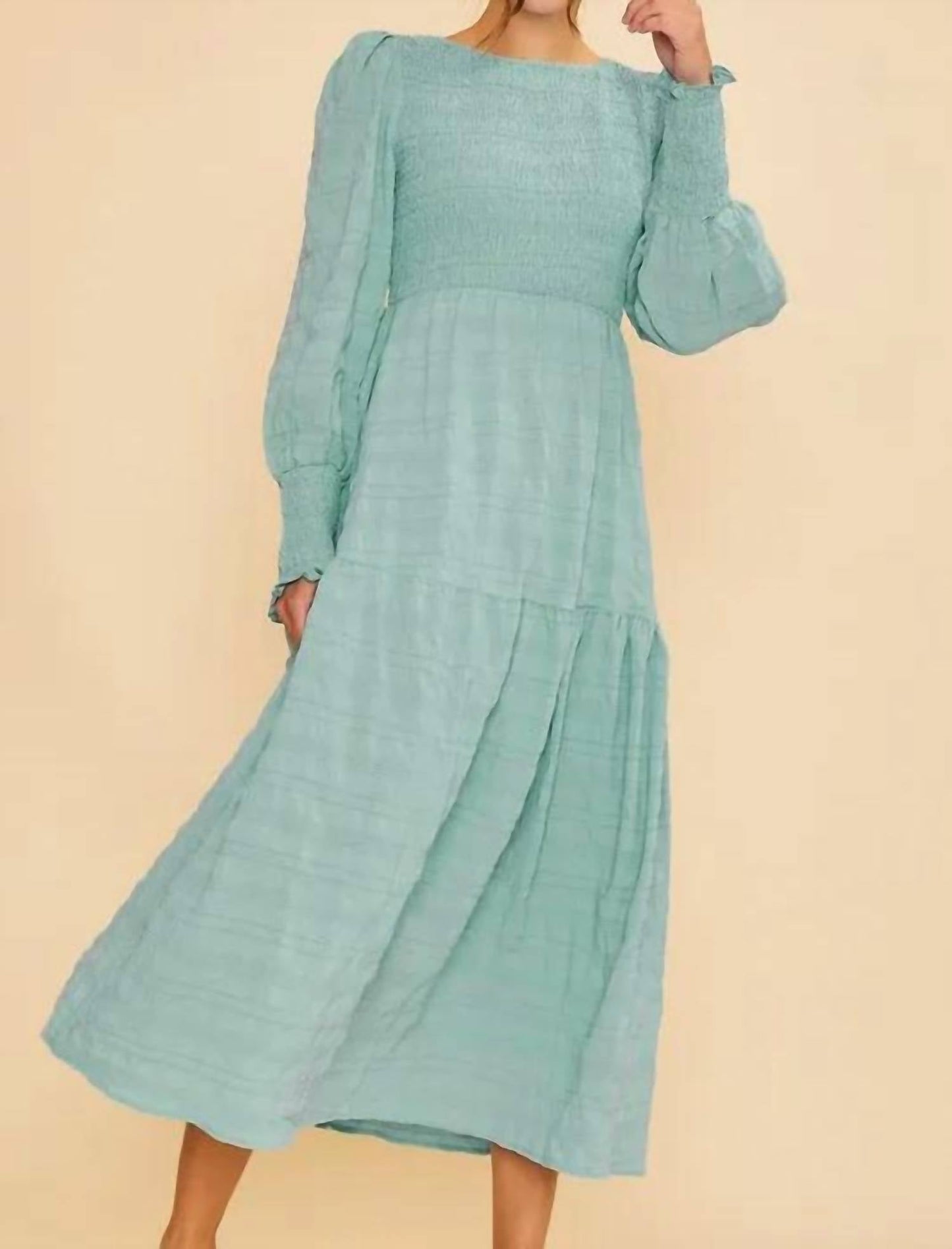 Trendsi - Annie Wear Textured Smocking Bodice Tiered Midi Dress