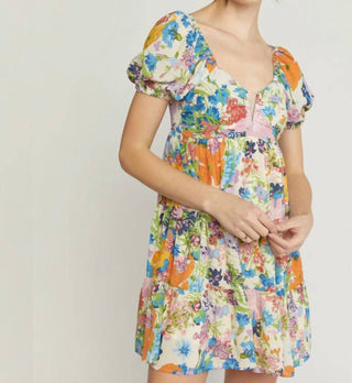 Entro - Floral Print V-neck Puff Sleeve Babydoll Dress