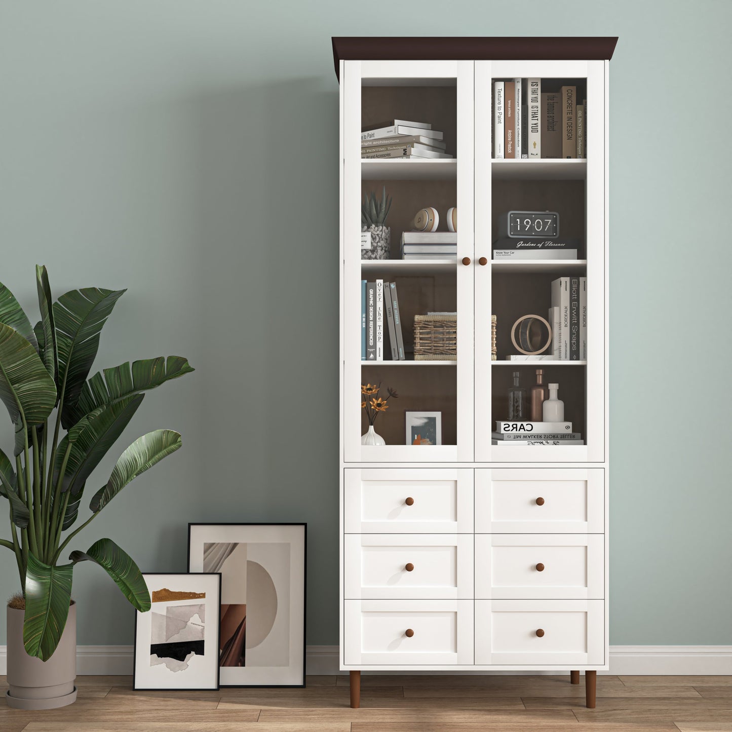 White MDF Display Storage Cabinet with Glass Doors and Adjustable Shelves