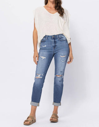 Judy Blue - High Waist Cuffed Distressed Boyfriend Jeans