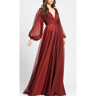 Mac Duggal - V-neck A-line Chiffon Gown Beaded Cuffs