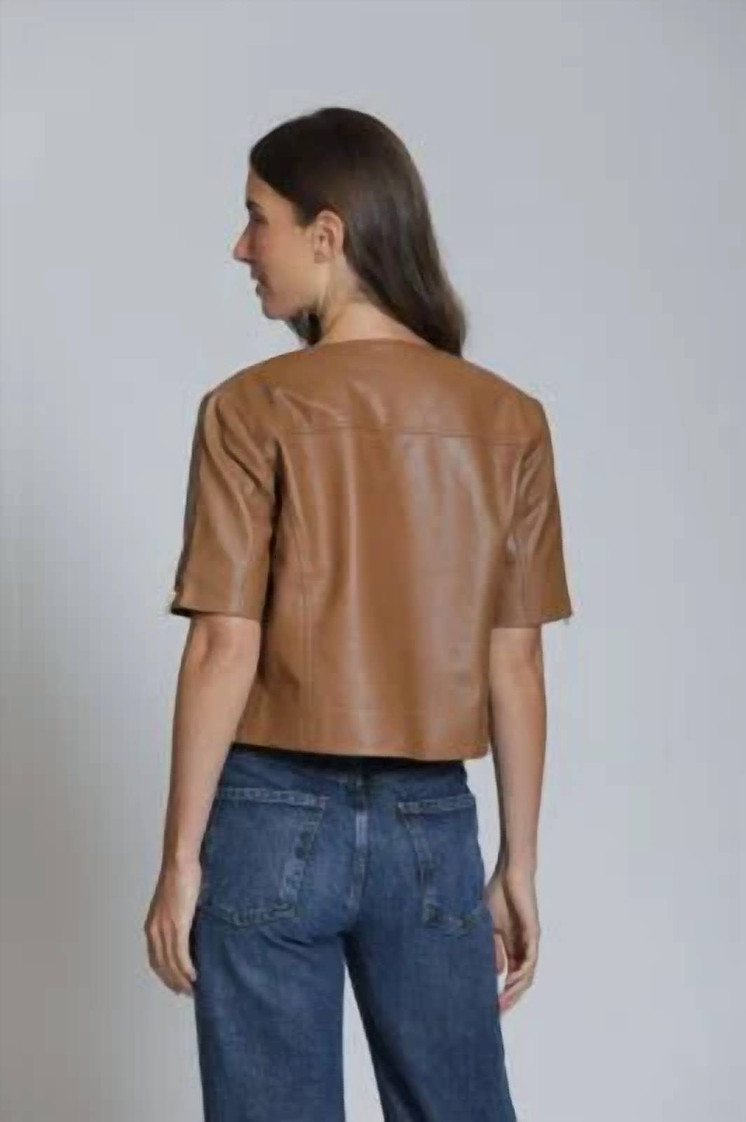 11 Uptown - Collarless Short Sleeve Leather Moto Jacket