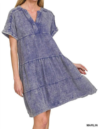 Zenana - Washed Double Gauze Raw Edge V-neck Dress