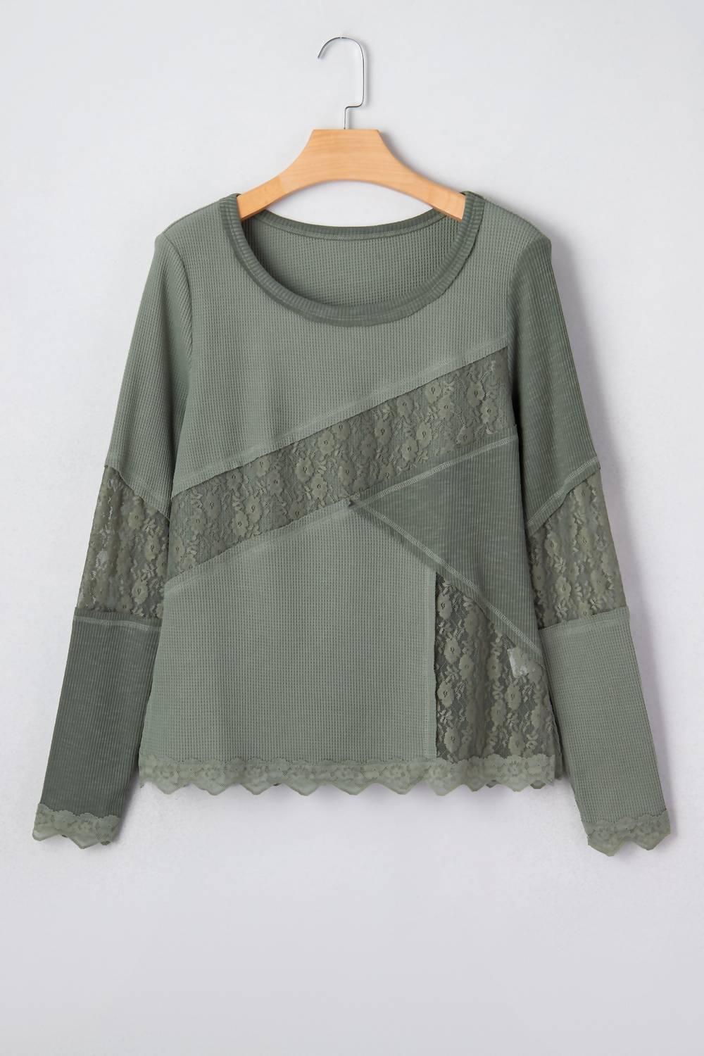 1 The Woman - Waffle Ribbed Lace Patchwork Long Sleeve Top