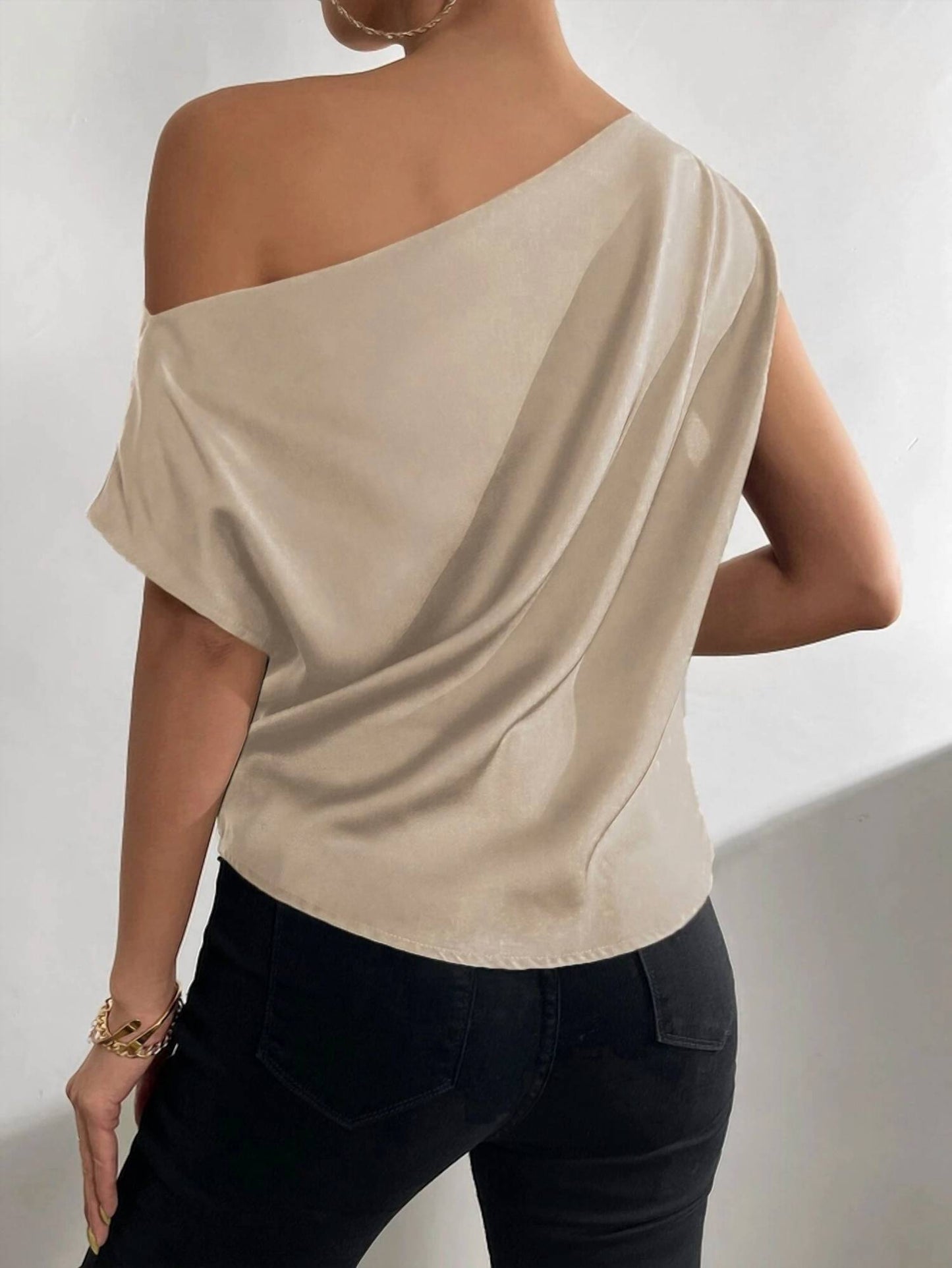 Hiddenbrand - SLANT COLLAR PLEATED ONE SHOULDER BLOUSE