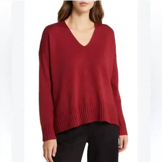 Eileen Fisher - Merino Wool V-Neck Box Top Sweater Red